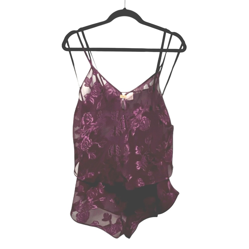 California Dynasty Purple Floral Burnout Sheer Cami Tap Shorts Set L 646V73